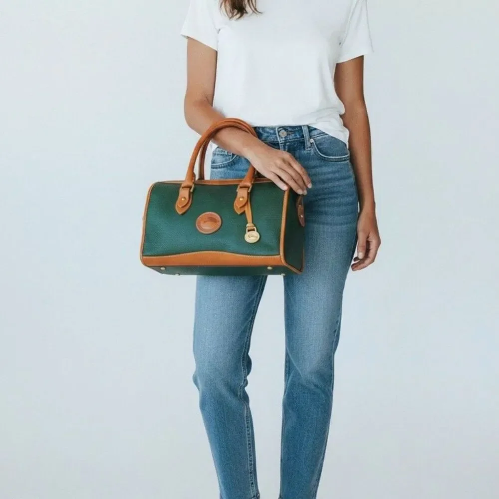 Vintage Dooney & Bourke All Weather Leather British Tan Fir Green Satchel USA